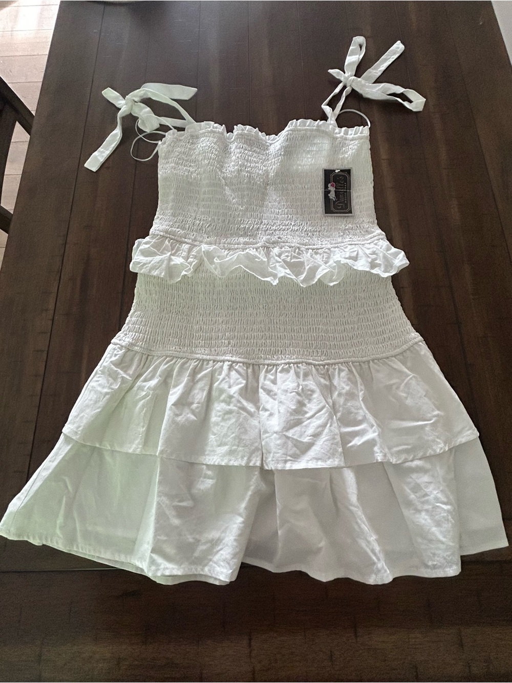 LELIS White Smocked Tiered Mini Dress Tie Strap Cotton Size L NWT